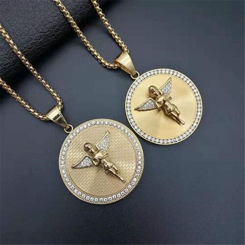 Hip Hop Angel Wings Pendant Necklace Stainless Steel Iced Out Rhinestone Chain Gold Color Mens Fashion Jewelry Dropshipping