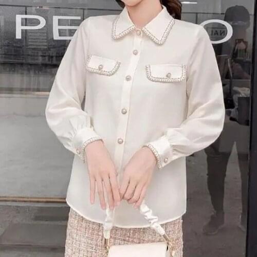 White shirt womens fall/winter 2020 new Korean version of wild embroidery trim chiffon top with plus velvet bottoming shirt