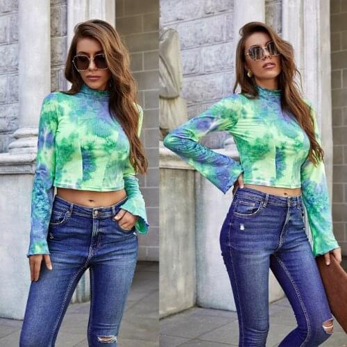 Long Sleeve Womens Tie Dye Home Clothes Lounge Sexy High Neck Crop Tops T-Shirt Tees Bodys Comfortable Stretch Workout Falmale
