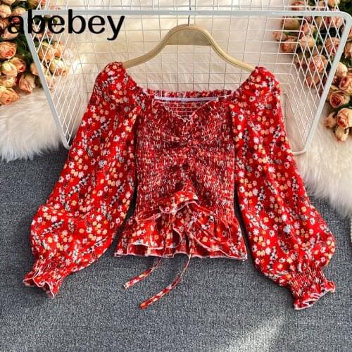 2021 New Spring Autumn Sweet square collar Lantern Sleeve Shirt drawstring bandage high waist pleated print short Shirt Top