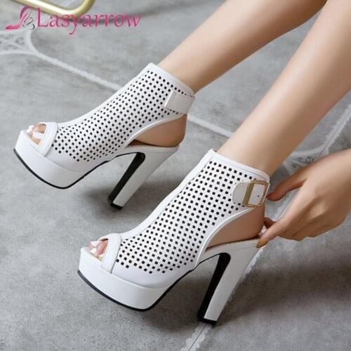 Lasyarrow Size 34-50 Platform Summer Boots Sandals Women Thick High Heel Shoes Hollow Peep Toe Shoes Fashion Buckle Ankle Boots