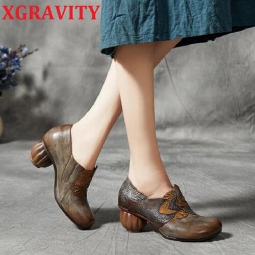 XGRAVITY 2021 Winter Spring Boots Original Retro Genuine Cow Leather Round Toe Boots Lantern Shoes Strange Heel Boots Ladies S63