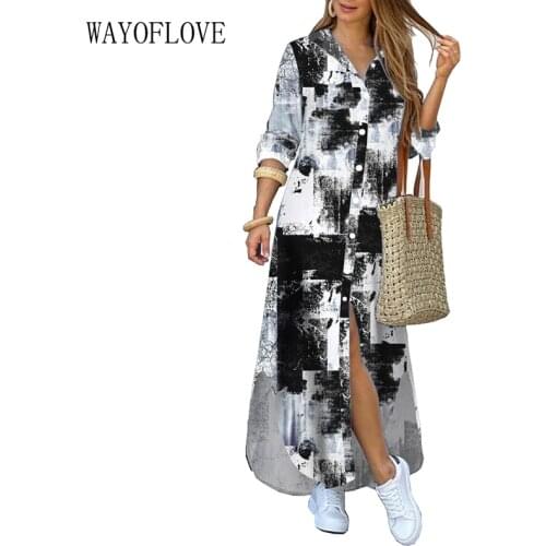 WAYOFLOVE New Geometric Print Long Dress Women Elegant Casual Robe Long Sleeve Dresses Woman Plus Size Pocket Button Shirt Dress