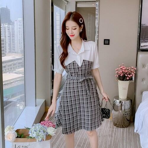 Woman Dress Retro Plaid Fake Two Patchwork A-line Dress Lacing Draw Back Dresses Office Lady Short Sleeve Polo Collar Vestidos