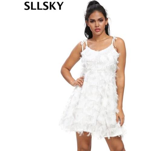 Sllsky Strap Tassel Fairy Mini dress Women Strapless Sexy A-line High waist Adjustable V-neck Sweet dress White Holiday 2020