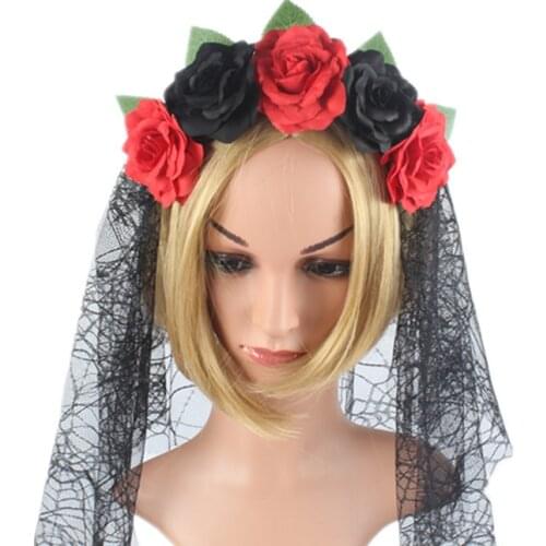 Day of The Dead Headband Bride Veil Corpse Fancy Dress Halloween Costume Party Accessories Women Mexican Red Rose Flower Crown