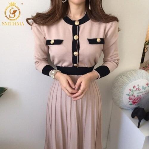 SMTHMA Women Elegant Winter Office Casual Midi Pink Knitted Sweater Dress Korea Chic Single Breasted Pleated Vestidos