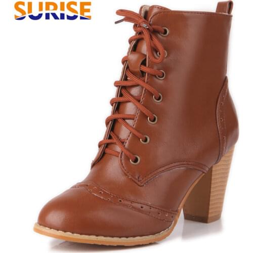 Plus Size Winter Women Martin Boots Black Brown Black High Block Heels Round Toe Casual Office Lady Lace Up Vintage Short Boots