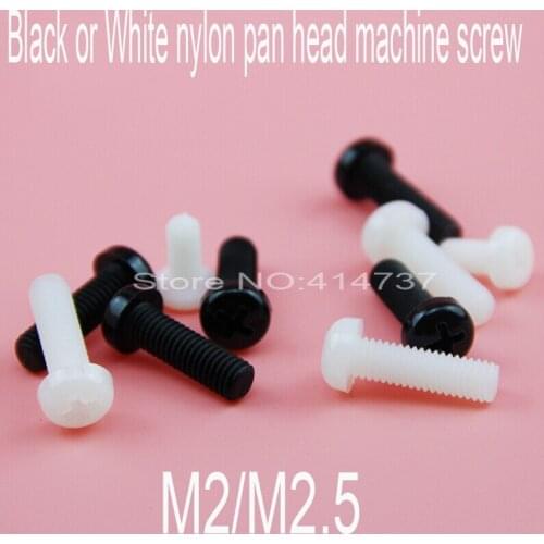 100pcs/lot M2/M2.5 Black or White plastic nylon ccross recessed countersunk pan head machine screw Length 4mm--20mm
