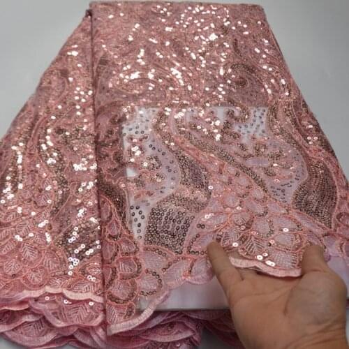 Free shipping (5yards/pc) Newest African net lace pink French lace fabric with beautiful embroidery and sequins for party FLP268