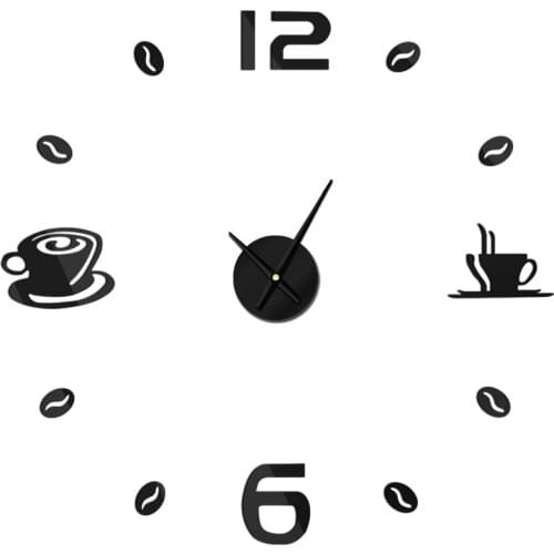 Coffee Art Clock Decal DIY Mirror Wall Watch Coffee Bean Giant Modern Design Reloj De Pared 3d DIY Acrylic Mirror Free Shipping