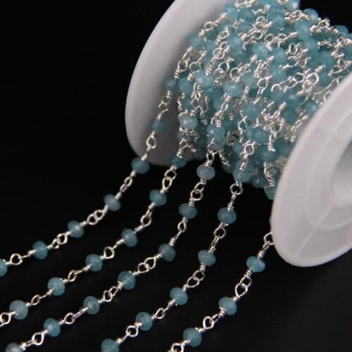 5Meters,2x4mm Aquamarines Blue Malaysia Jades Silver Color Chain,Faceted Rondelle Abacus beads Rosary Chain,DIY Earrings