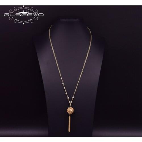 GLSEEVO Natural Freshwater Pearl Long Pendant Necklace Lady Pendant And Necklace Wedding Engagement Party High Jewelry GN0168