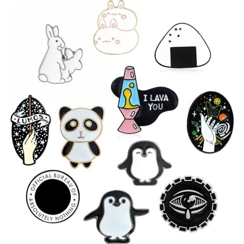 Gothic Black and white enamel brooch Cute animals Panda Penguin rabbit Lapel Pin Rice ball Sushi Eye gear Round Badge I lava you