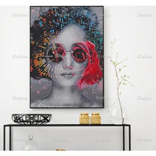 Time Travel Artwork Female Portrait Fine Art Print, Canvas Wall Art, Pop Surrealism Art, Large Wall Art Portrait Clock Painting