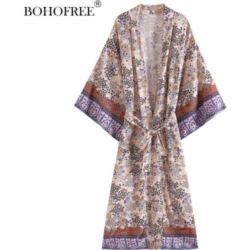 Boho Kimonos Floral Print Long Duster Batwing Sleeve Rayon Robes Bohemian Gypsy Style Sashes Robes Holiday Beach Cover Ups