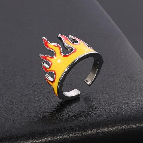 Creative Punk Fire Flame Crown Ring For Men Women Yellow Enamel Fashion Cool Motorcycle Opening Rings Accessories Party Jewelry