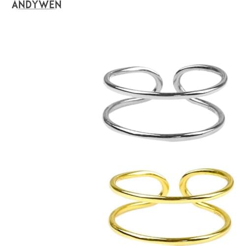 Andywen 925 Sterling Silver Gold 2 Circle Thin Resizable Ring Women Fashion Rock Punk Slim Jewelry Luxury Fine Jeweks Party Gift