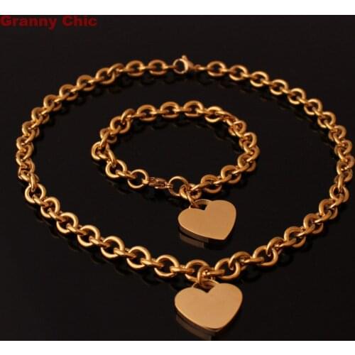 Granny Chic Womens Jewelry Set Gold Tone Stainless Steel Rolo Chain Heart Charm Necklace Bracelet Set
