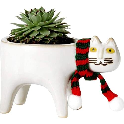 Cute Green Plants Flower Pot With Hole Ceramic Garden White Pots Cute Cat Succulent Ceramic Flower Pot With Cat Scarf Dropship