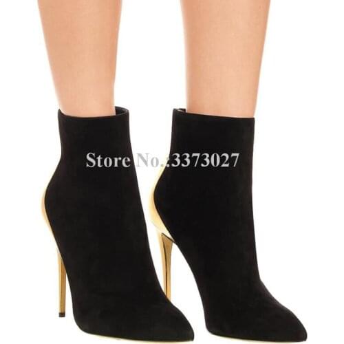 Fashion Gold Color Heel Ankle Boots Women New Pointed Toe Stiletto Heel Black Suede Short Boots Lady Sexy Large Size Party Heels