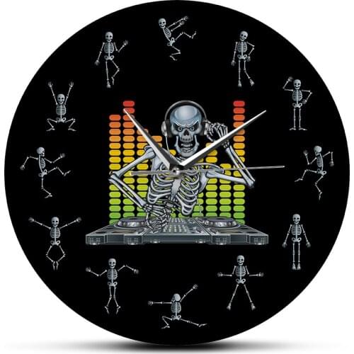 DJ Skull Skeleton Music Rock Party Printed Wall Clock Funny Dancing Skeletons As Numbers Watch Halloween Holiday Watch