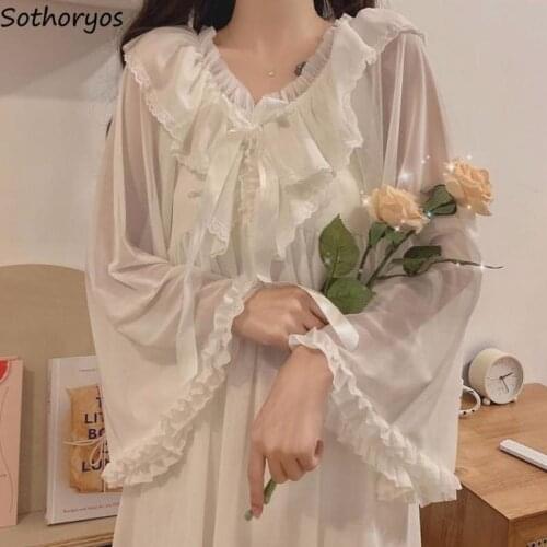 Nightgowns Women Fashion Long Sleeve Sleepshirts Puff Sleeve Sweet New Style Ruffle Summer Autumn Womens Cute Sleepwear Lace