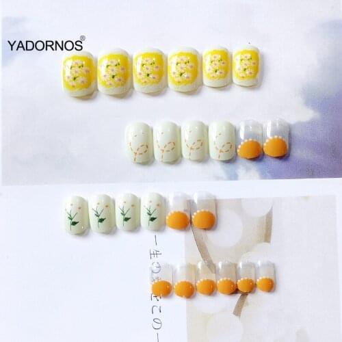 24pcs Little Daisies Nail Patch Glue Type Removable Short Paragraph Small Fresh Fashion Manicure False Nail Patch TY
