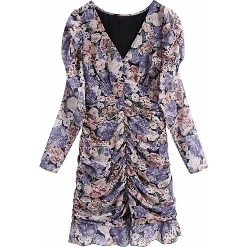 Evfer Women Spring Autumn Vintage Floral Print Hm Purple Mini Dresses Female Fashion Cascade Pleated Ruffles Chiffon Dress Chic