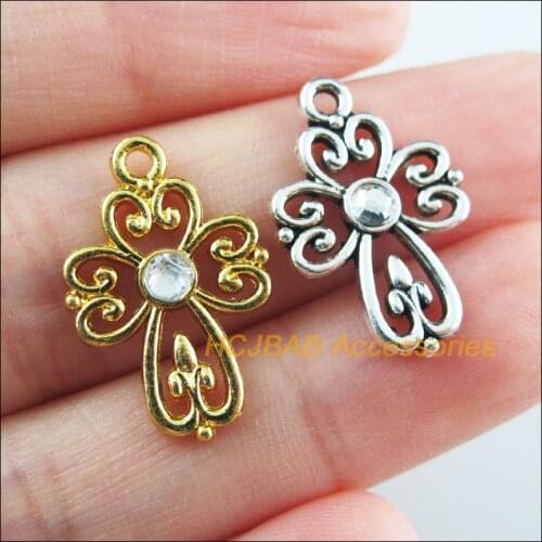 20Pcs Retro Gold Tibetan Silver Tone Flower Cross Clear Crystal Charms Pendants 14.5x21.5mm