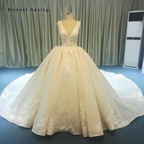 Luxury Ivory and Champagne Ball Gown Sparkle Lace Wedding Dresses 2019 with V Neck Cathedral Train Beaded Flowwers Bridal Gowns