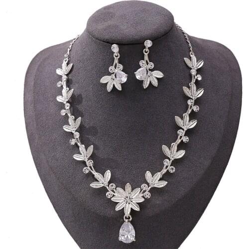 Luxury Elegant Crystal Flower Bridal Jewelry Sets Silver Gold Color Alloy Rhinestone Teardrop Earring Necklace Sets For Women