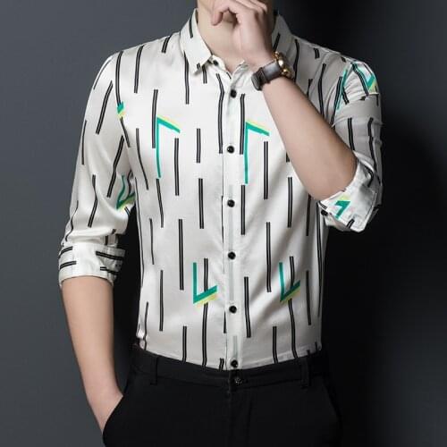 High Quality Big Size Striped Real Silk 100% Shirts Mens Fashionable Social Shirts White Soft Comfortable Mens Blouse Husband