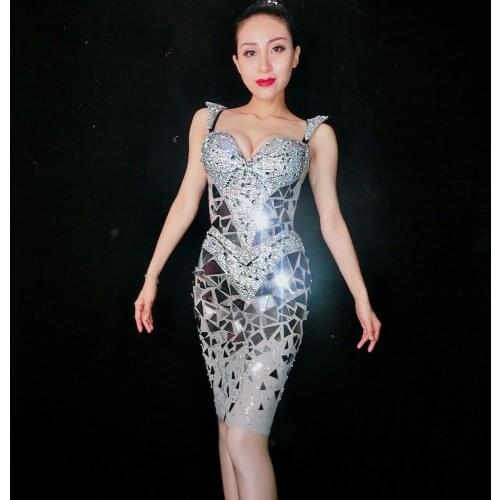 Prom Celebrate Grey Bling Dresses Evening Outfit Sparkly Sequins Mirrors Dress Women Birthday Rhinestones Costume