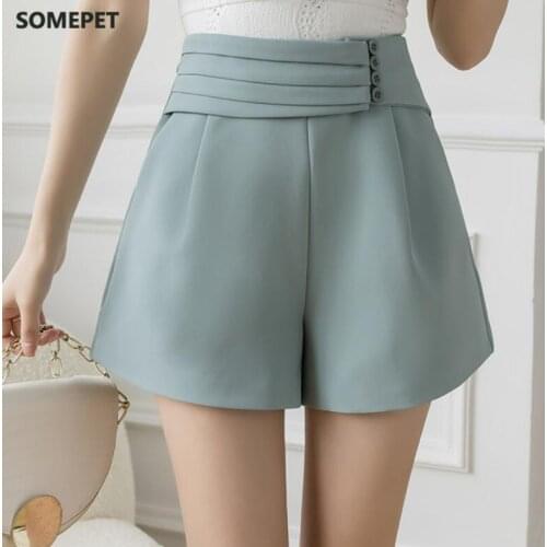 Hot Sale Women Wide Leg Shorts With Button 2021 High Waist Casual Korean Work Office Summer Short Trousers Female