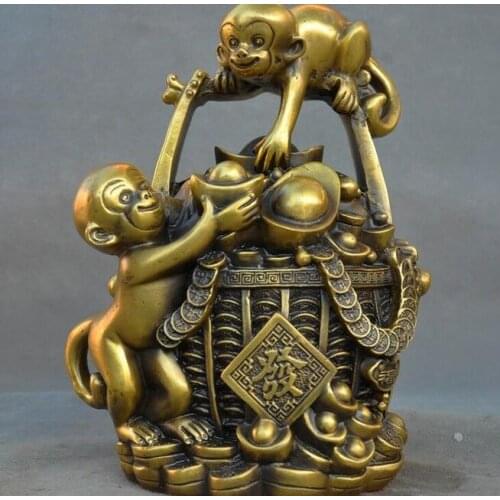 Old China Feng Shui brass auspicious wealth yuanbao coin small monkey statue