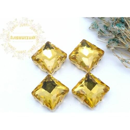 Classic style Golden yellow Square Glass Crystal sew on rhinestones with gold claw Diy wedding dress accessories free shipping
