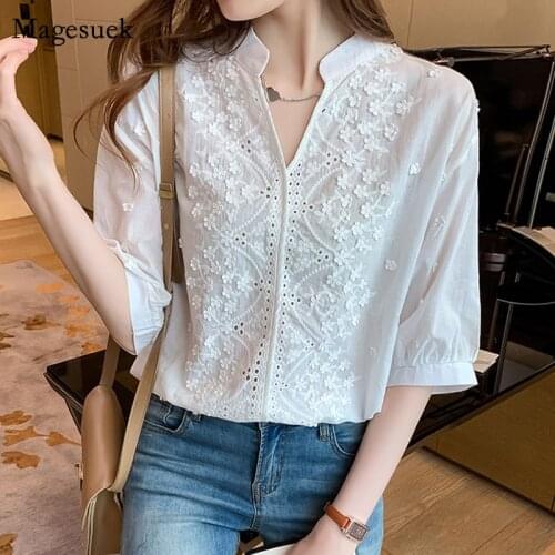 Summer Embroidery Women Shirt V-neck Short Sleeve White Shirt Lantern Sleeve Irregular Cotton Top Female OL Blouse Blusas 14204