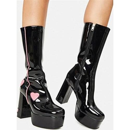 PXELENA Plus Size 34-41 Drop Ship Women Split Leather Motorcycle Mid Calf Boots Block Chunky Heels Cosplay Shoes Heart Shaped JK