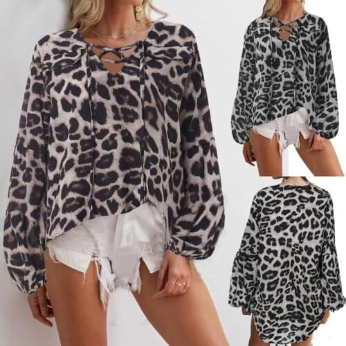European Style Women Summer Sexy Deep V Neck Pullover Chiffon Blouse Casual Loose Leopard Print Lantern Sleeve Tops Shirts