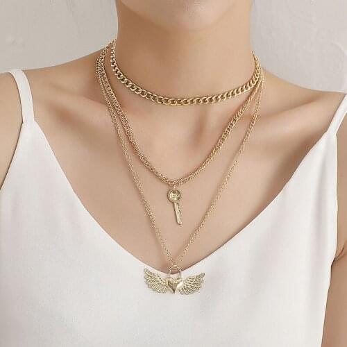 Vintage Multilayer Thick Chain Key Angel Wing Heart Pendant Necklace Women Temperament Geometric Clavicle Necklace Jewelry Gift
