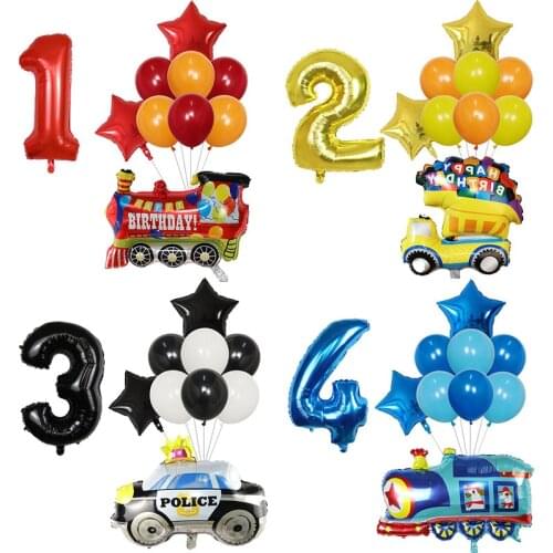 10pcs School Bus Train Cartoon Car Balloons Set 30inch Number Air Globos Baby Shower Happy Birthday Party Decorations Kids Toys
