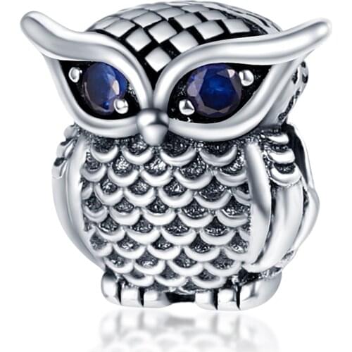 100% Real 925 Sterling Silver Owl With Blue Zircon Charms Beads Fit Pandora Bracelet bijoux femme pulseira Jewelry Gift
