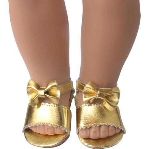 18 Inch American Doll Girls Shoes Gold Riches Bow Sandals PU Shoes Born Baby Toys Accessories Fit 43 Cm Boy Dolls Gift E20