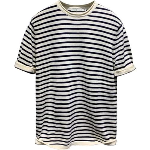 2021 New Spring Summer Men T-shirts O-neck Cotton Short Sleeve Casual T-shirt Male Striped Fashion Slim Fit Knitted Tees W85