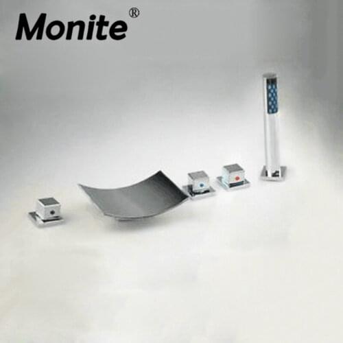 Monite 5 Pcs Bathtub Faucet Chrome Brass Polished Basin Faucet Deck Mounted Bathroom Faucet Hot & Cold Mixer Taps