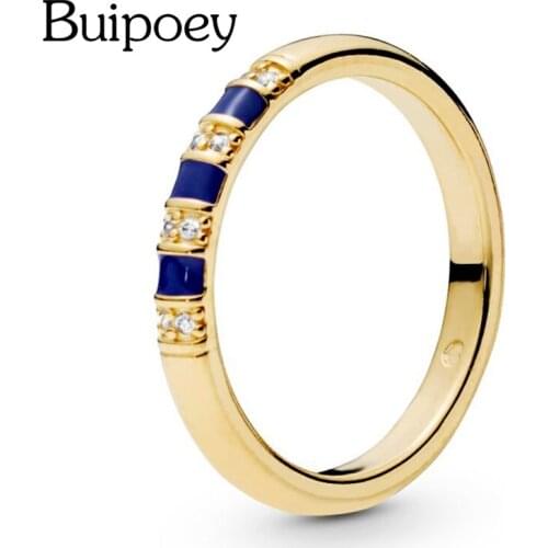 Buipoey Blue Shiny Crystal Rings For Women Girls Original Golden Fashion Stackable Ring Fit Friendship Couple Party Jewelry