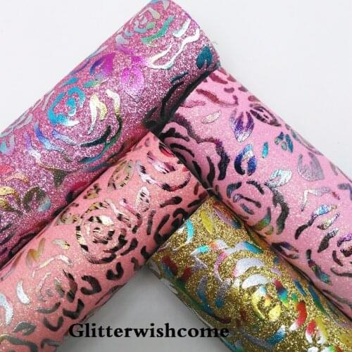 Glitterwishcome 21X29CM A4 Size Vinyl For Bows Rose Printed Glitter Leather fabric Vinyl for Bows, GM061A