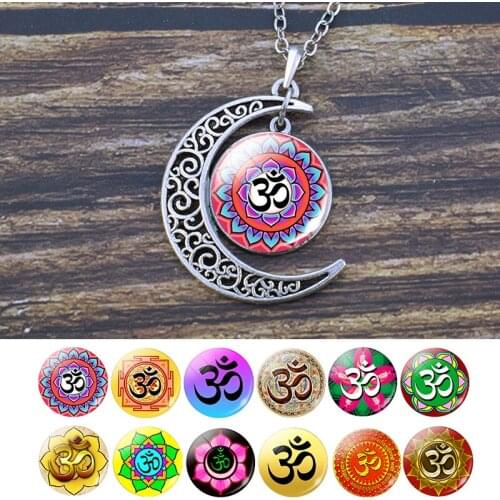 Hinduism Om Symbol Yoga Necklace Vintage Crescent Moon Pendant Necklace Indian Jewelry Meditation Reiki Sign