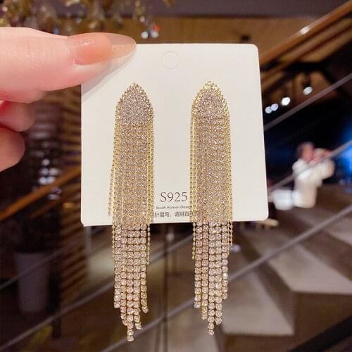 Handmade Golden Full AAA CZ Rhinestone Long Tassel Hanging Dangle Drop Earrings for Women Girl Trendy Earrings Jewelry Bijoux
